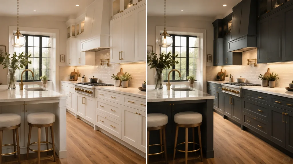 Side-by-side comparison of white and dark grey shaker kitchen cabinets with brass hardware in a villa kitchen.