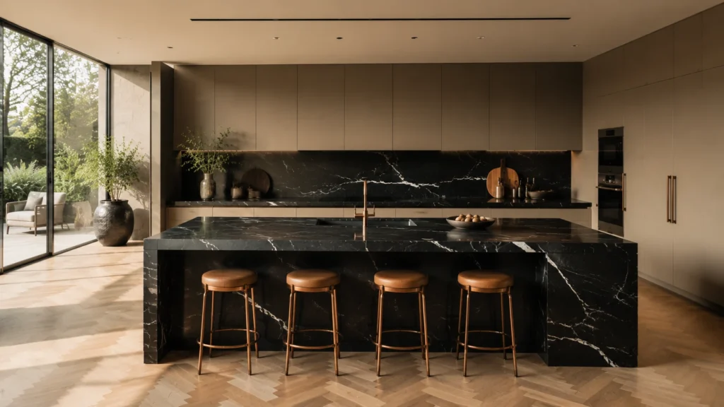 Light taupe flat-panel kitchen cabinets paired with dark black marble countertops on a waterfall island in a luxury home.