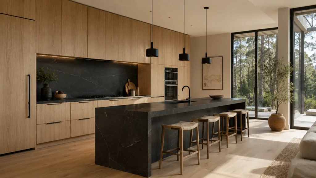 Modern villa kitchen with light oak flat-panel cabinets balanced by a black marble island and dark backsplash.