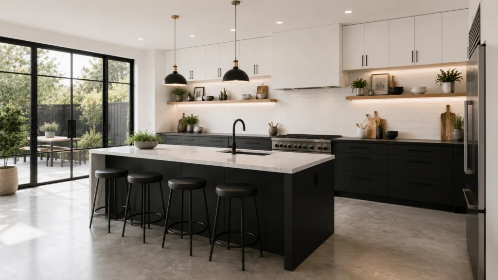Modern black and white kitchen featuring matte black hardware and floating natural oak open shelves with warm lighting.