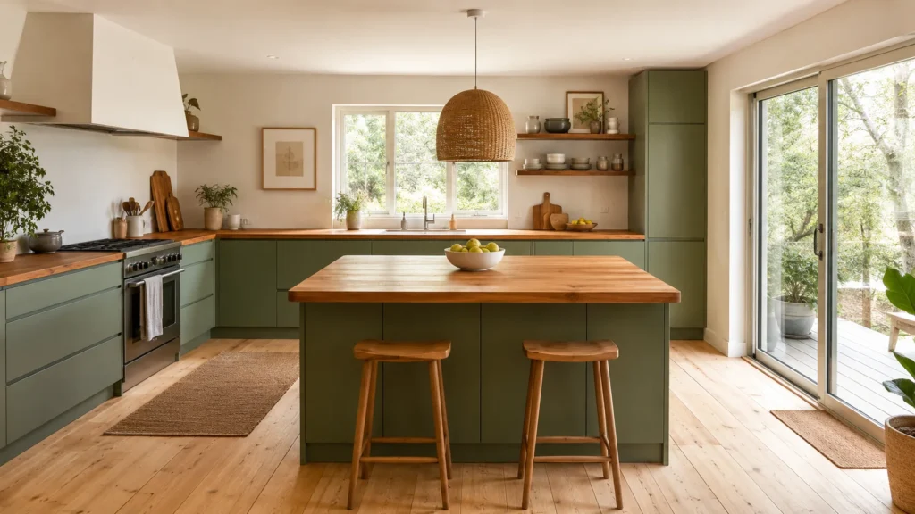 Cozy kitchen featuring muted sage green cabinets topped with warm wood butcher block countertops and a center island.