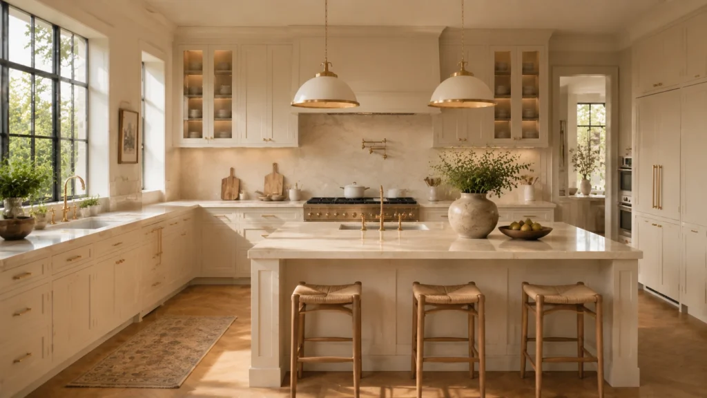 Warm greige painted kitchen cabinets paired with herringbone wood floors and marble countertops in a sunlit luxury villa.