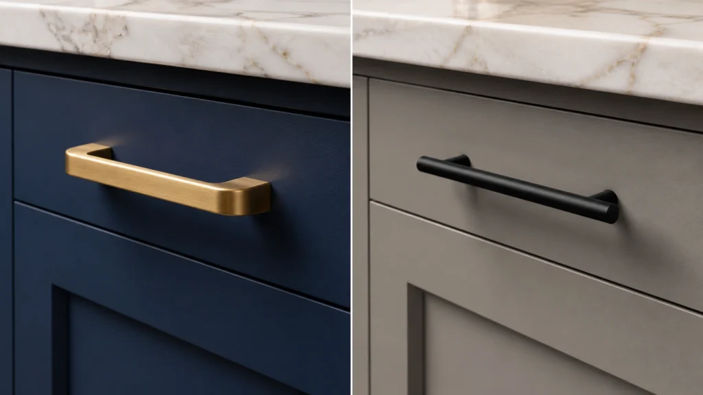 Brass handle on navy kitchen cabinet juxtaposed with black handle on greige cabinet under marble countertops.