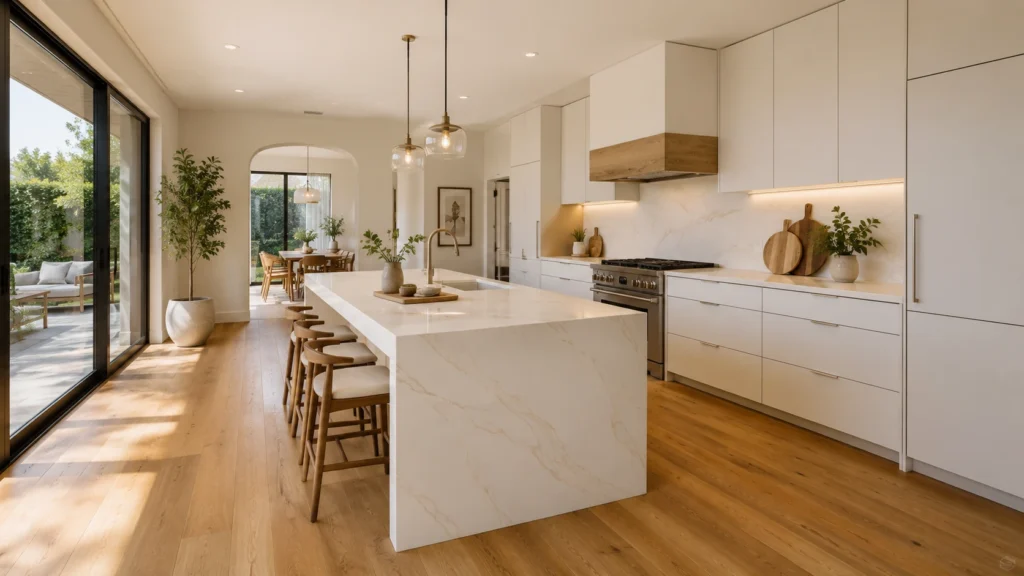 Spacious villa kitchen with warm white flat-panel cabinets brightening rich honey oak wood flooring.