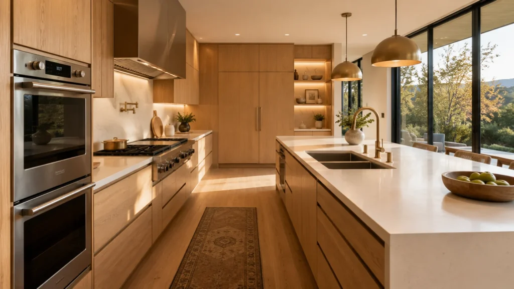 Modern villa kitchen with built-in stainless steel wall ovens paired with natural oak cabinets and warm brass brass lights.