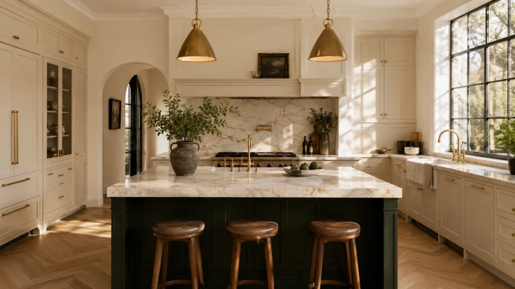 Dark green kitchen island paired with cream perimeter cabinets, marble countertops, and brass pendant lights in a villa.