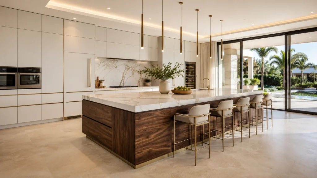 Luxury villa kitchen featuring warm white wall cabinets paired with a rich walnut island and brass pendant lights.