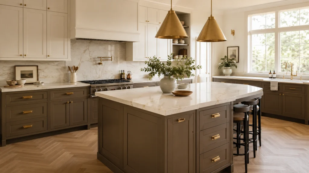 Warm white upper cabinets combined with mushroom taupe lower cabinets and marble countertops in a modern transitional kitchen.