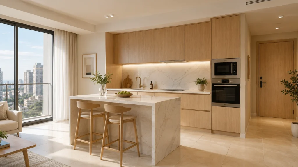 Modern apartment kitchen featuring light oak flat-panel cabinets paired with a creamy marble waterfall island.
