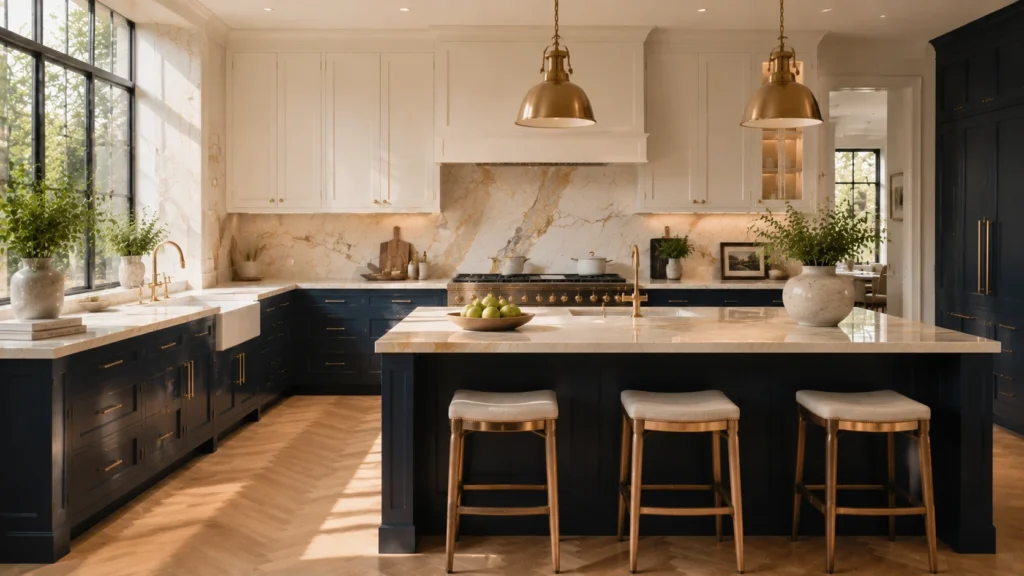 Navy blue lower kitchen cabinets with warm white uppers, gold-veined marble island, and brass pendants in a luxury home.