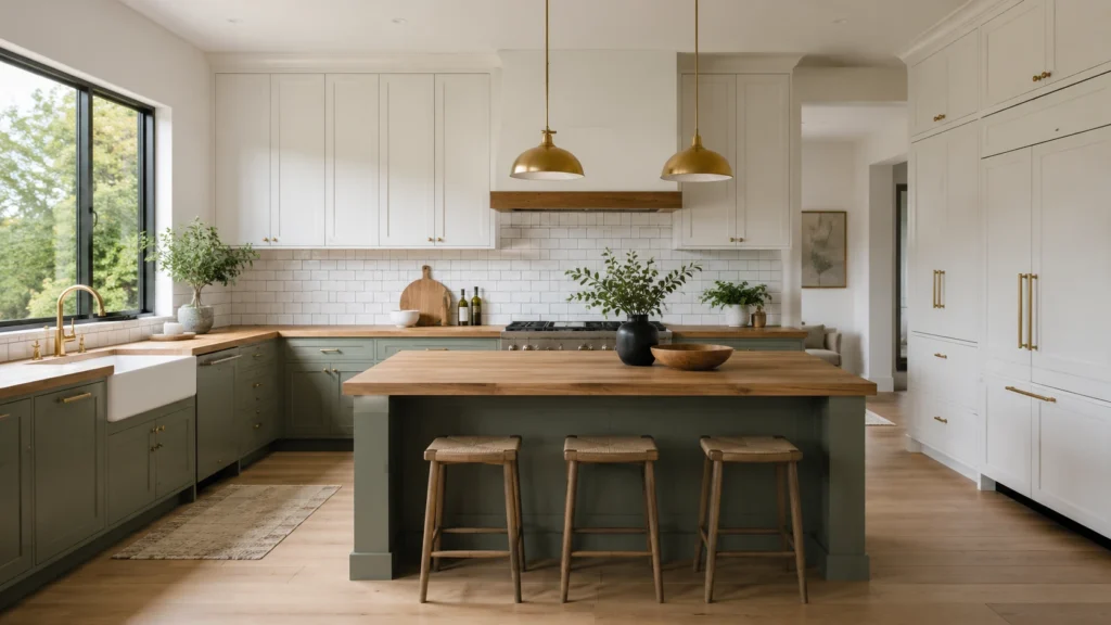 Two-tone kitchen with sage green lower cabinets, off-white upper cabinets, and warm butcher block countertops.