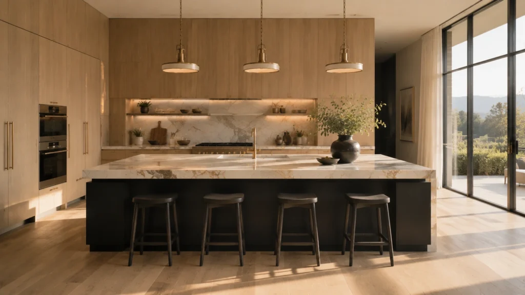 Soft black kitchen island with marble countertop anchored by light oak flat-panel cabinets in a bright luxury villa.