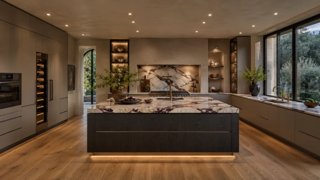 Luxury villa kitchen with greige perimeter cabinets, a dark charcoal island, and bold Viola marble countertops.