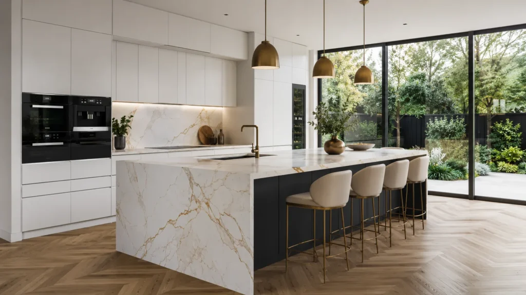 Warm white modern wall cabinets contrast with a dark grey kitchen island topped with a gold-veined marble waterfall counter.