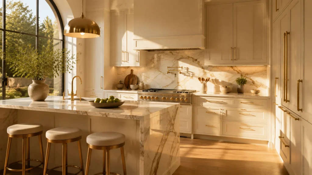 Warm white painted kitchen cabinets with brass hardware and gold-veined marble countertop on a waterfall island in a luxury villa.