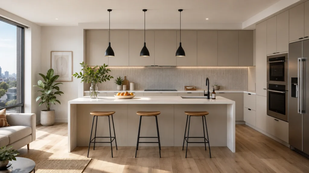 Modern apartment kitchen featuring matte greige flat-panel cabinets, a white island, and warm wood flooring.