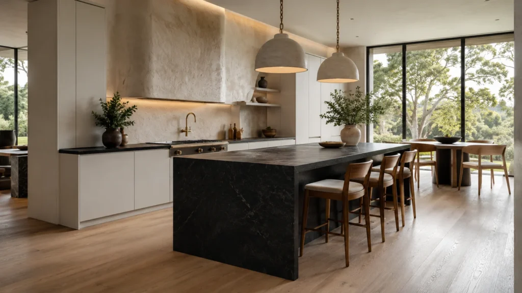High-end luxury kitchen featuring warm white flat-panel cabinets, brass hardware, and a dark textured stone island with seating.