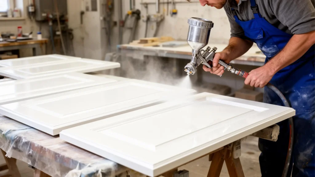 Professional painter spraying a smooth white finish onto raised-panel apartment kitchen cabinet doors in a workshop.