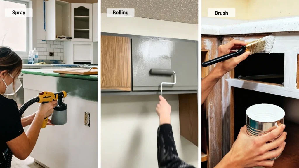 Three-part image showing cabinet painting: left is spraying green; center is rolling grey; right is brushing white.