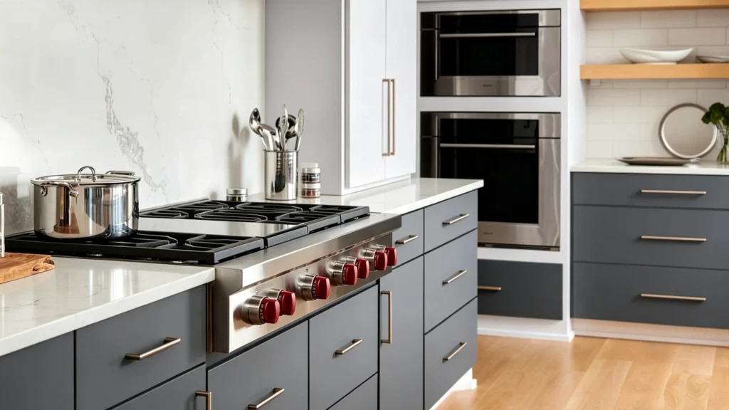 Protruding stainless range and countertop overhang on charcoal gray cabinets showing finished kitchen depth in a luxury apartment.