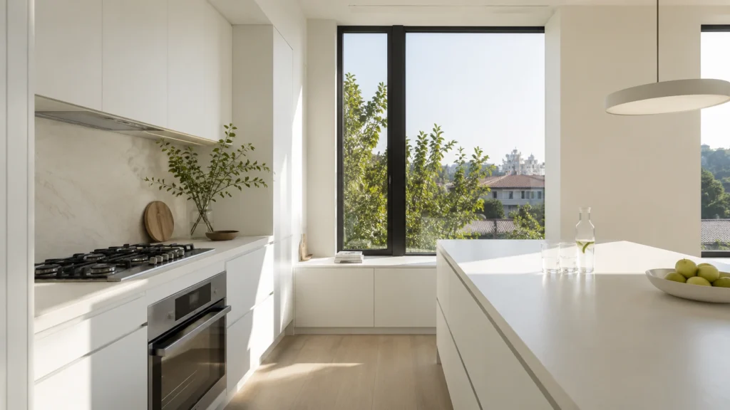 Soft white handleless cabinets and a minimalist island in a sunlit, modern villa kitchen with a large window.