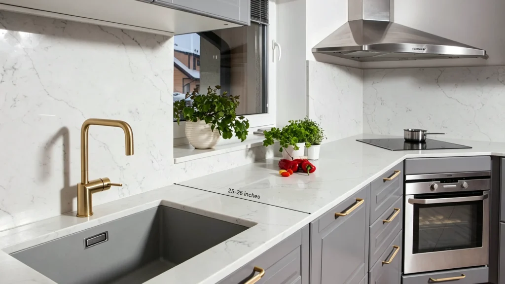 Finished 25-26 inch quartz countertop depth over gray cabinets with a gold faucet in a luxury apartment kitchen.