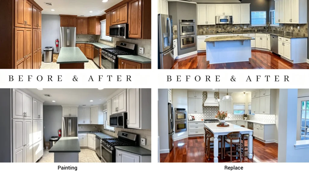 Before and after comparison of painting vs replacing cabinets in apartment and hotel kitchens to show budget options.