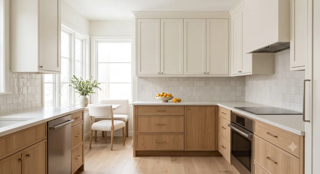 Warm off-white upper cabinets paired with white oak lower cabinets and a tiled backsplash in a cozy villa kitchen.