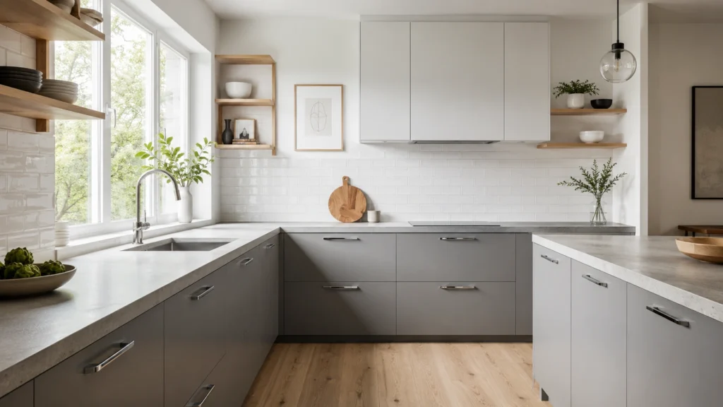 Mid-grey lower cabinets paired with bright white upper cabinets and natural oak wall shelves in a modern apartment kitchen.