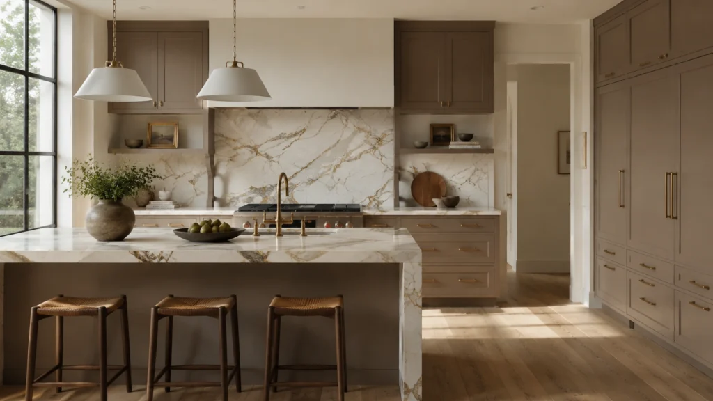 Mushroom taupe painted kitchen cabinets with brass hardware, marble waterfall island, and wood floor in a luxury home.