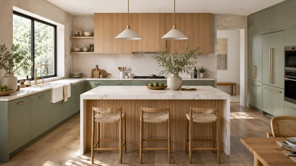 Two-tone kitchen design with sage green base cabinets, natural oak uppers, and a fluted wood island with brass hardware.