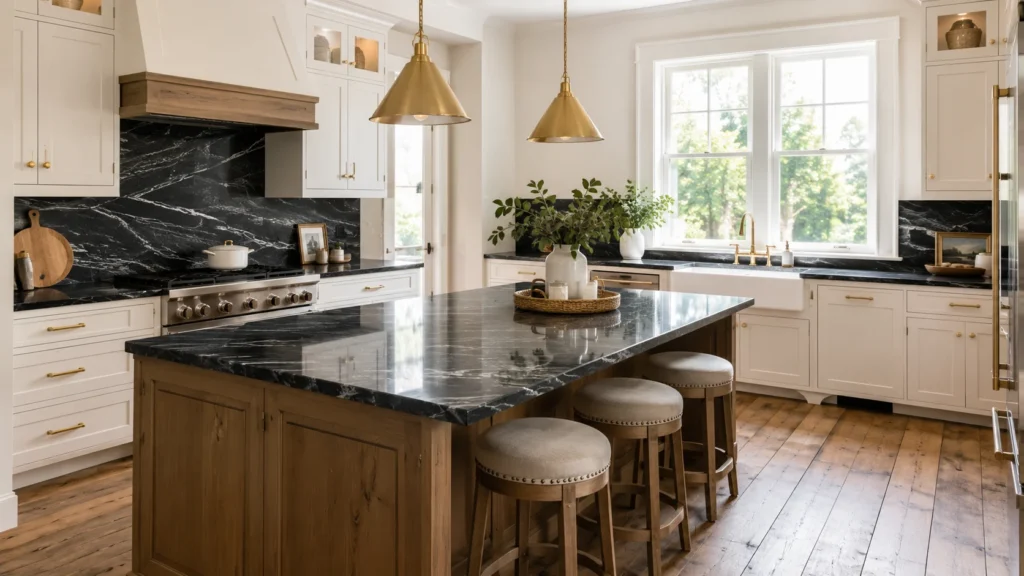 Transitional kitchen with polished black granite countertops, white shaker cabinets, brass pendants, and a wood island.