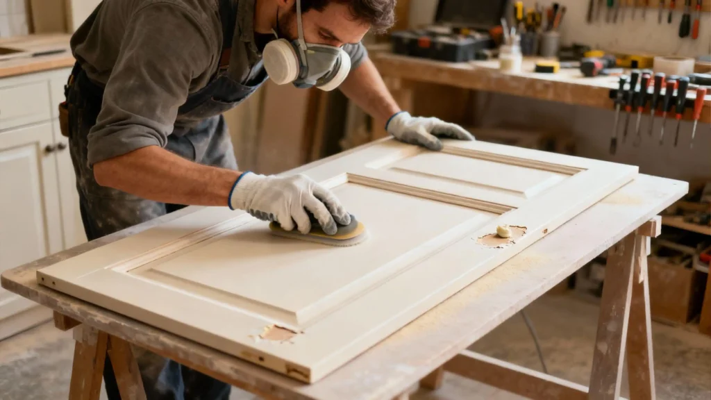 Carpenter sanding a detached shaker cabinet door in a workshop to prepare the surface for a durable commercial finish.