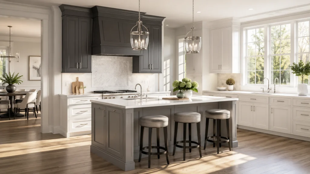 Antique white and charcoal grey kitchen cabinets with a central island and lantern pendant lights in a French-style villa.