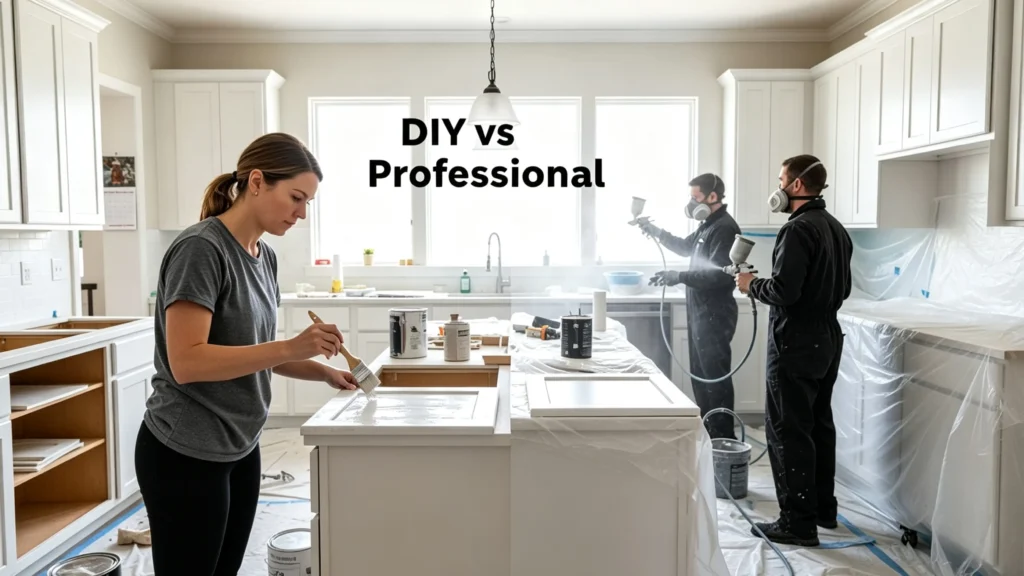 DIY woman hand-brushing cabinet doors next to professional painters using spray equipment in a white apartment kitchen.