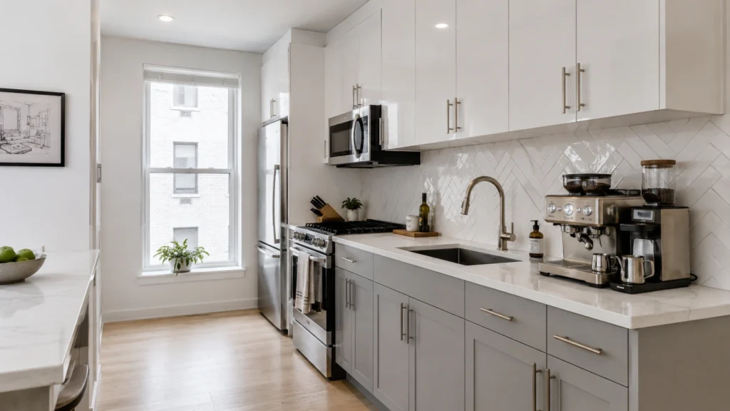 Light grey shaker base cabinets paired with glossy white upper cabinets in a bright apartment kitchen with oak floors.