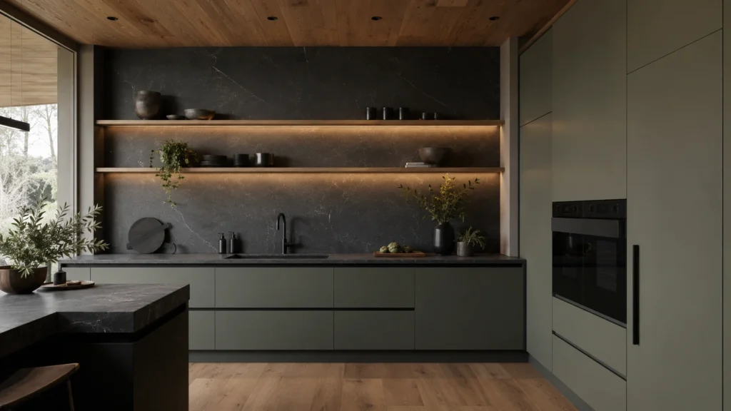 Muted sage green painted flat-panel kitchen cabinets with dark stone splashback and wood ceiling in a modern home.