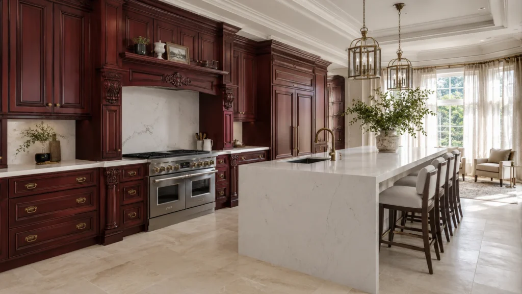 Luxury villa kitchen with deep red cherry wood raised-panel cabinets, white marble counters, and a waterfall island.