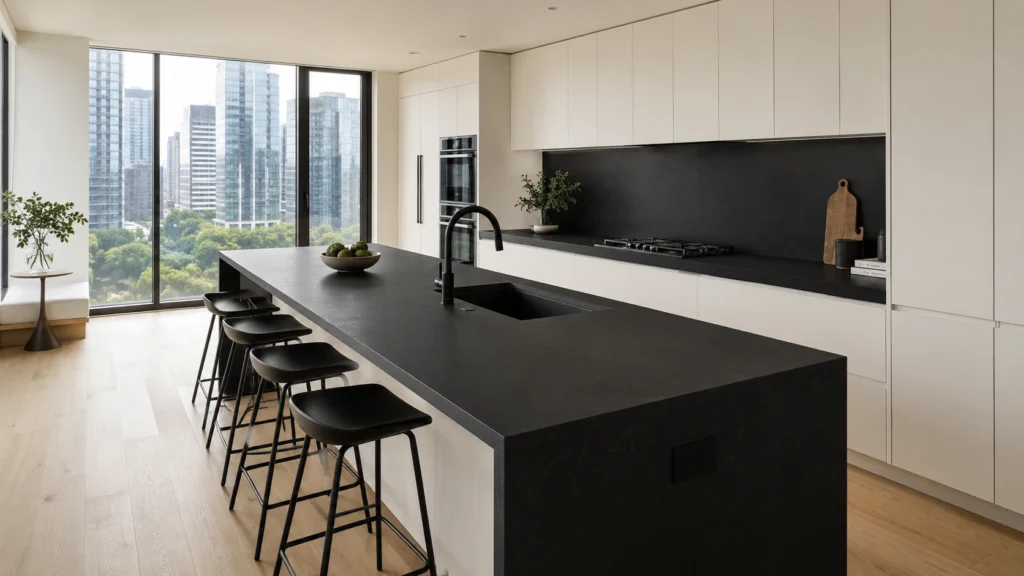 Modern apartment kitchen with a black quartz island, matching black backsplash, and sleek handleless white cabinets.