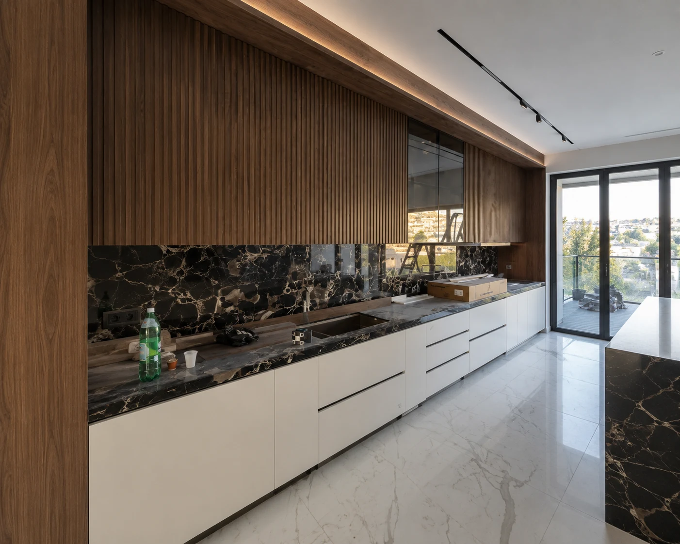 Custom wood-grain and light modern kitchen cabinets with dark stone countertop