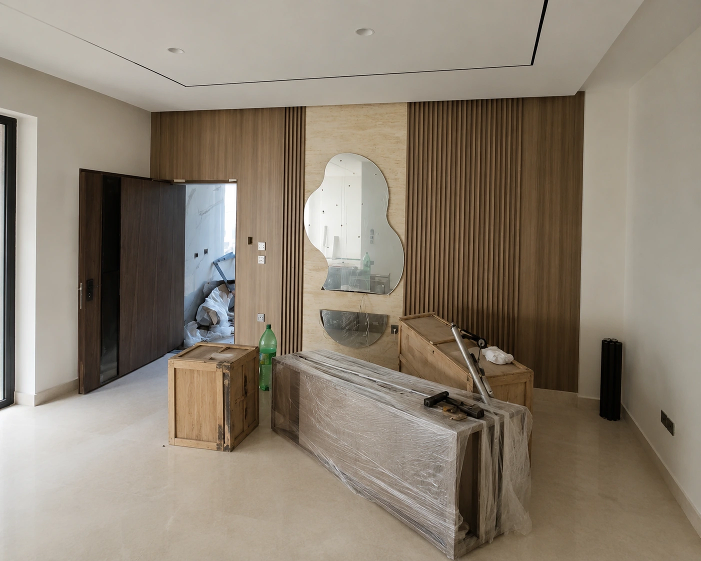 Wood slat panels and marble-look slab feature walls for luxury villa interior