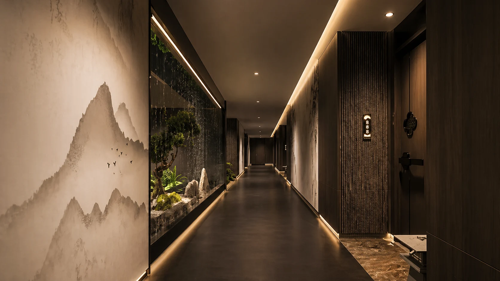 Doors lighting flooring and whole room material coordination for villas and apartments