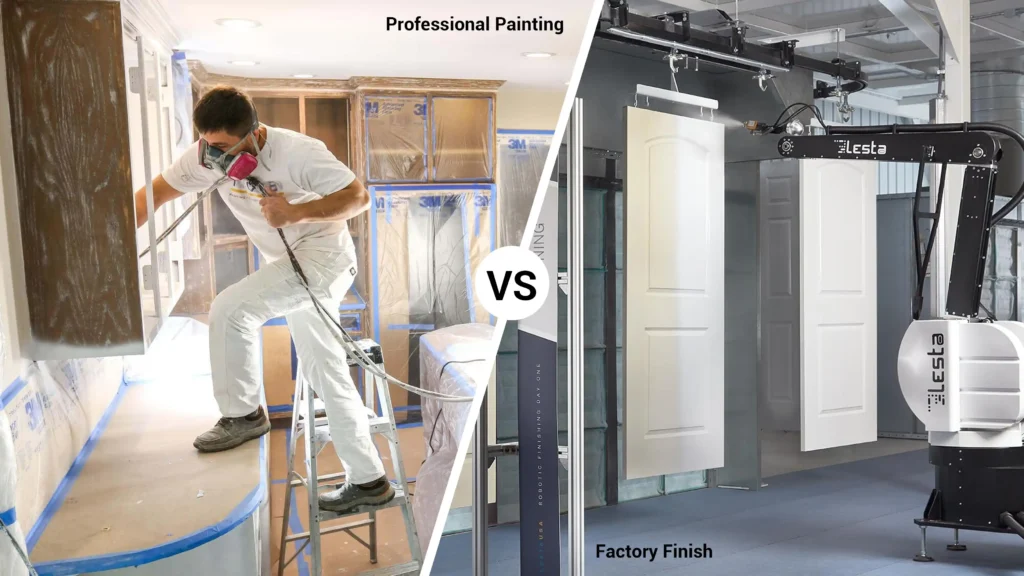 Comparison of manual on-site cabinet painting versus controlled robotic factory-finish spray lines.