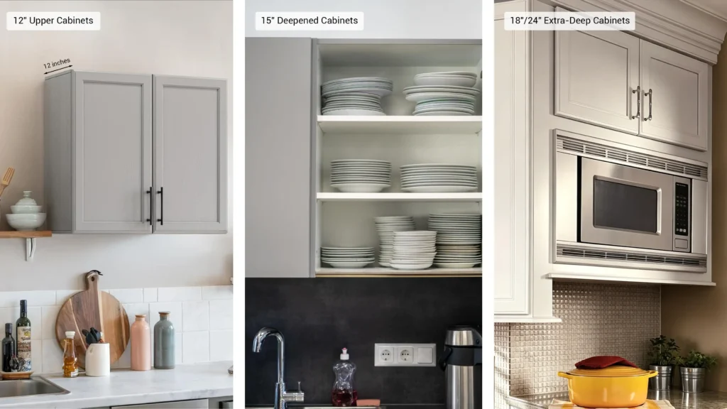 Comparison of 12, 15, and 18/24 inch custom upper kitchen cabinets for storing plates and appliances in a luxury villa.