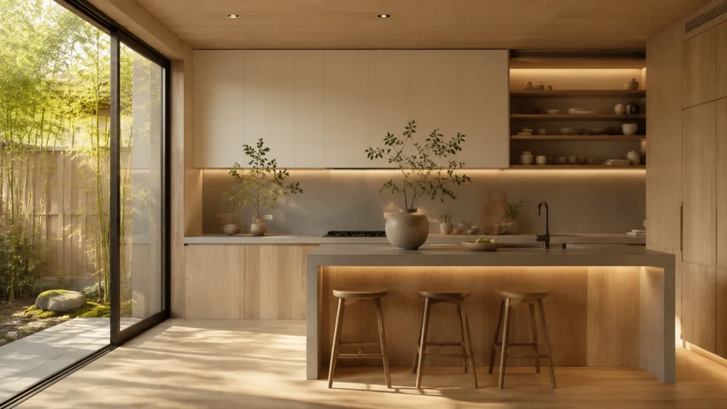 Warm off-white upper cabinets pair with natural oak wood lowers and ambient LED lighting in a luxury villa kitchen.