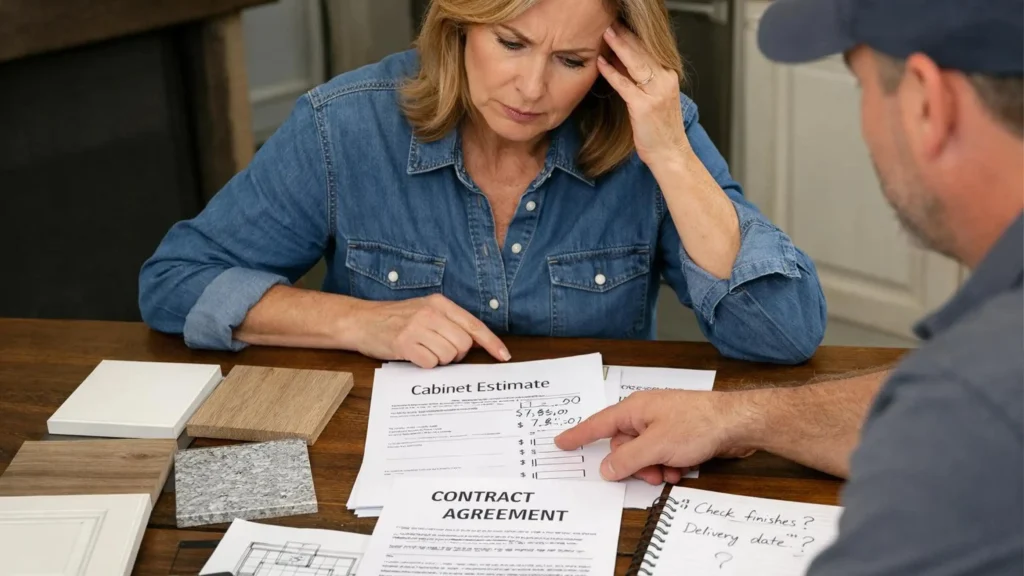 Confused client reviewing a cabinet estimate and contract agreement with a contractor over sample materials.