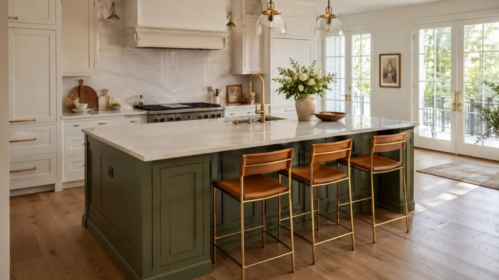 Deep olive green painted kitchen island with marble countertop, brass hardware, and white perimeter cabinets in a villa.