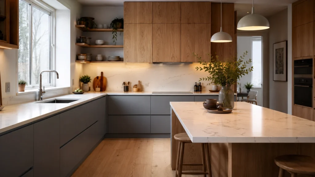 Modern kitchen featuring cool gray matte base cabinets contrasted with warm oak upper cabinets and a marble island.