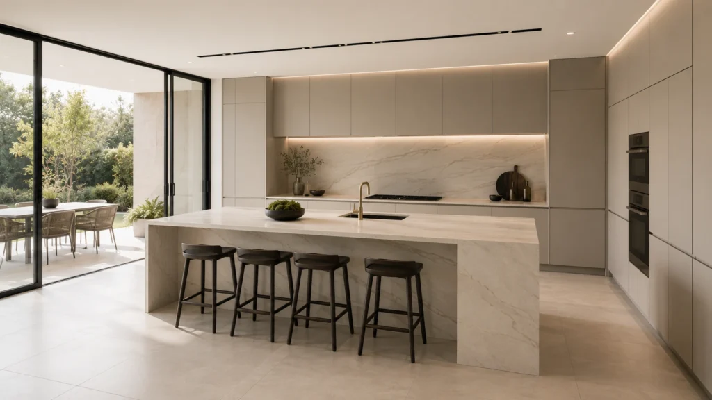 Modern villa kitchen featuring a waterfall porcelain island with fine veining, matte cabinets, and garden views.
