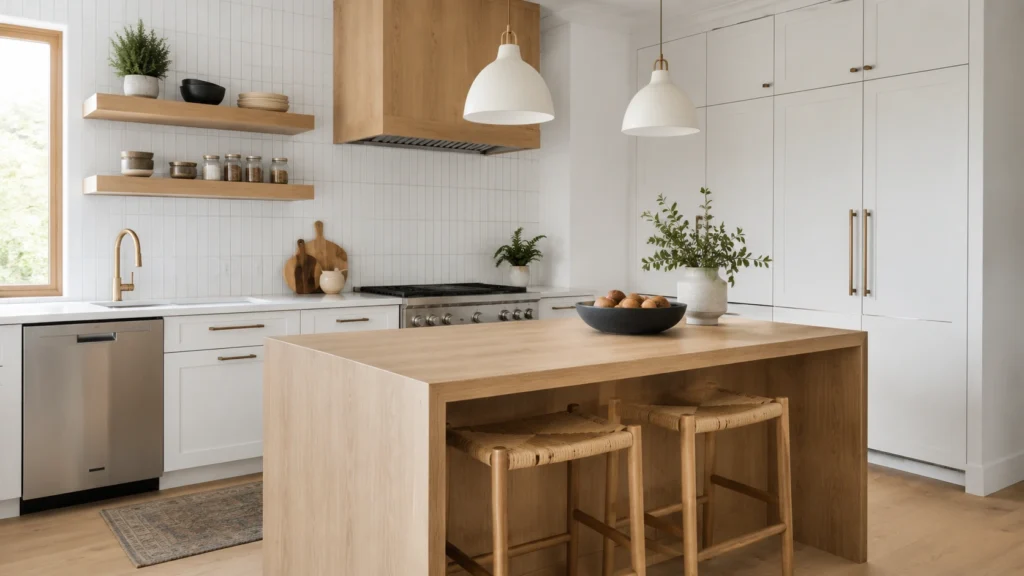 White shaker cabinets paired with a white oak island, matching range hood, and open shelving in a modern villa kitchen.
